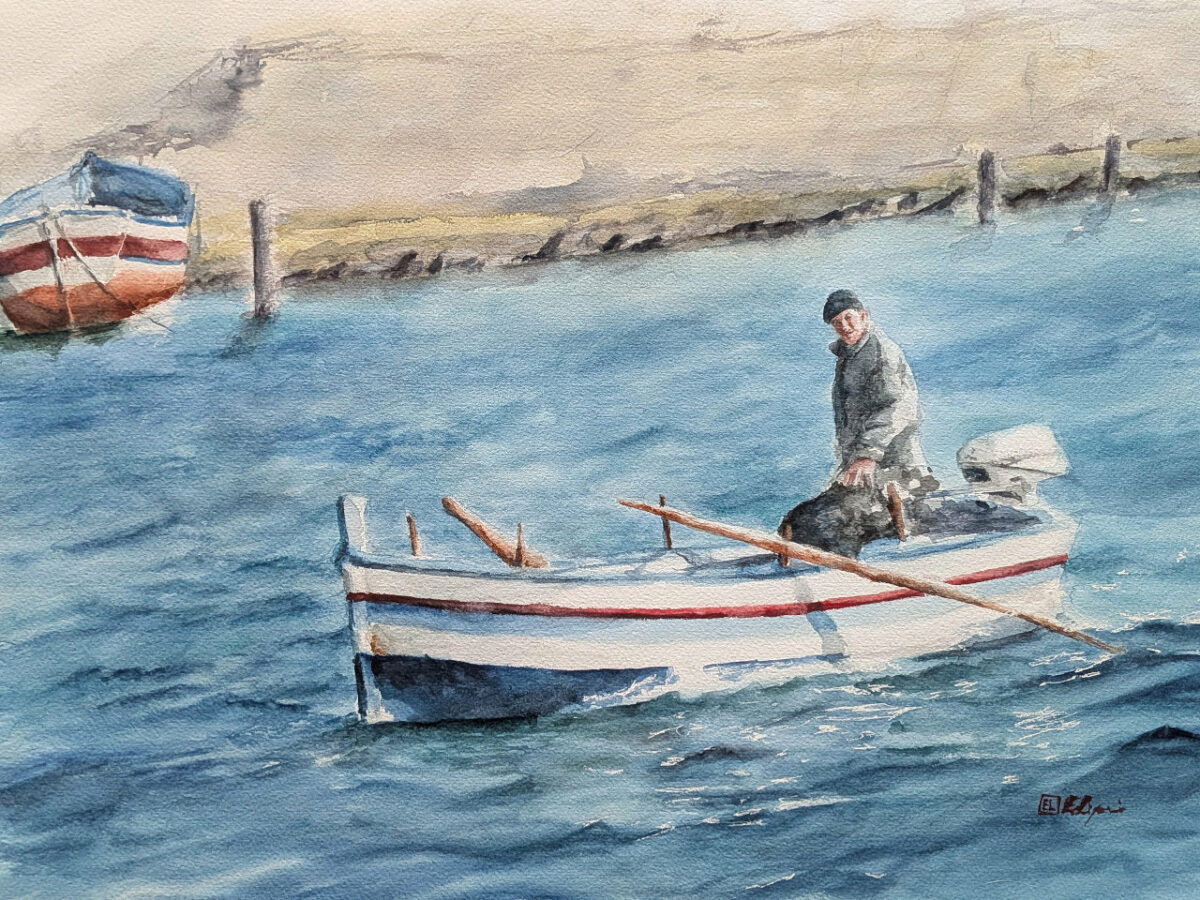 "The Sailorman", watercolour 56×38 cm by Ester Liquori — fisherman in his boat, selected work at Watercolor Golden Brush 2026